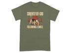 Olive green t-shirt with beagle and "Currently Off-Grid Following a Smell" text.