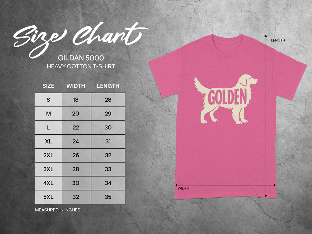 Gildan 5000 size chart featuring t-shirt width and length in inches.