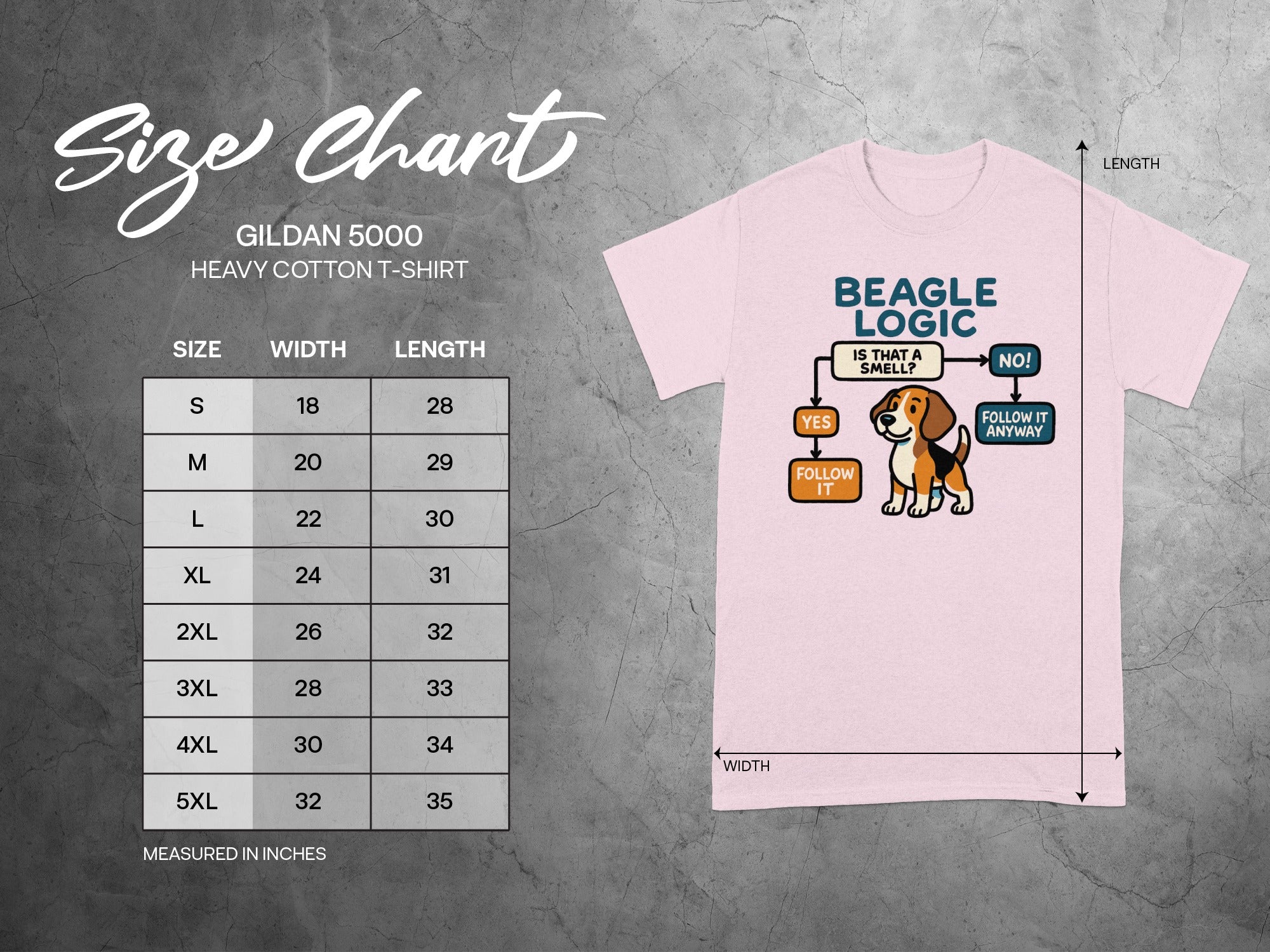 Size chart for Gildan 5000 Heavy Cotton T-Shirt with beagle logic design.