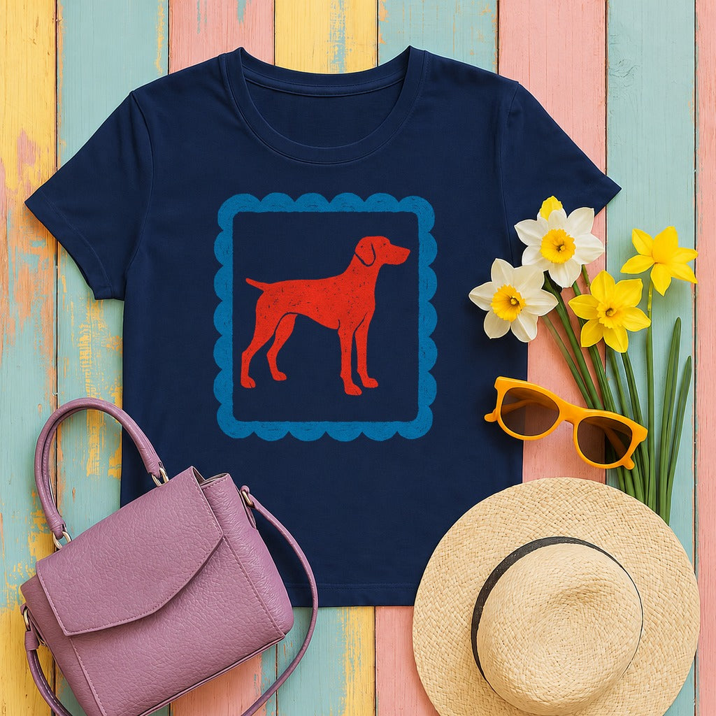 Red Vizsla Dog within a Blue Scalloped Frame T-Shirt in Navy