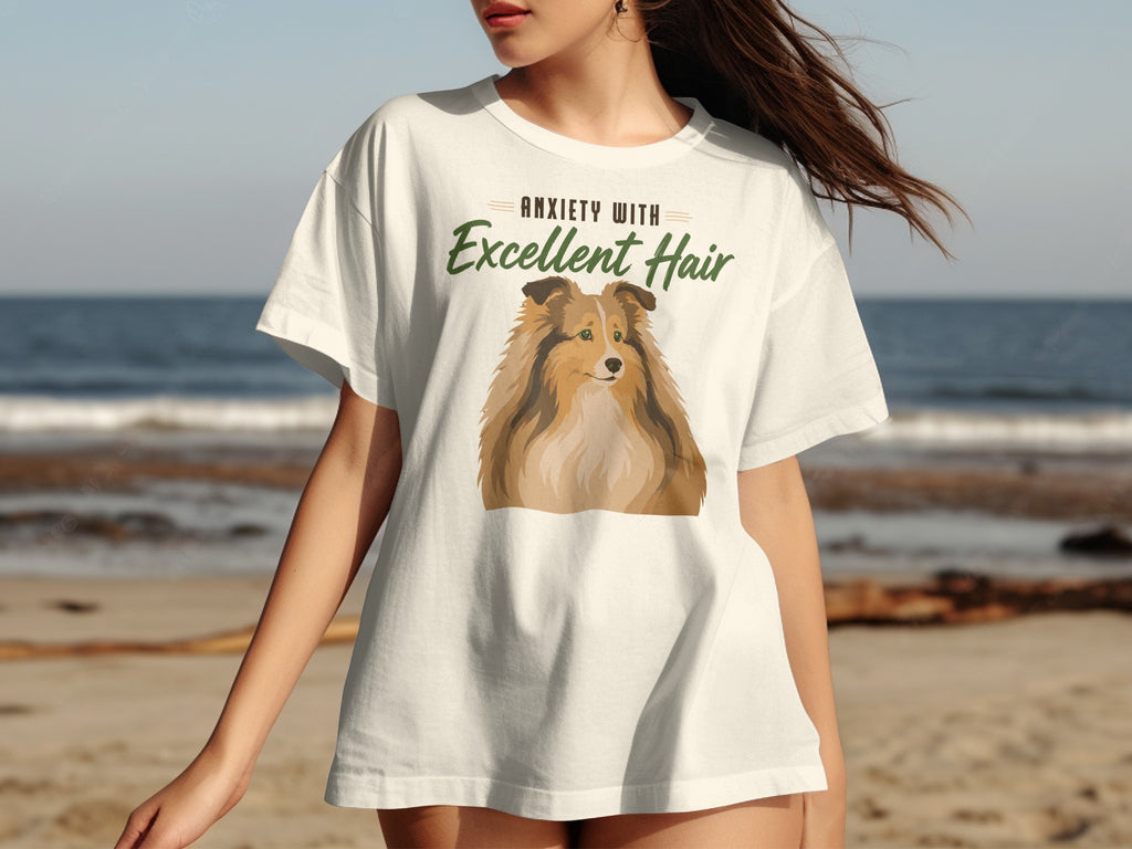 White t-shirt with a shaggy dog and "Anxiety with Excellent Hair" text.