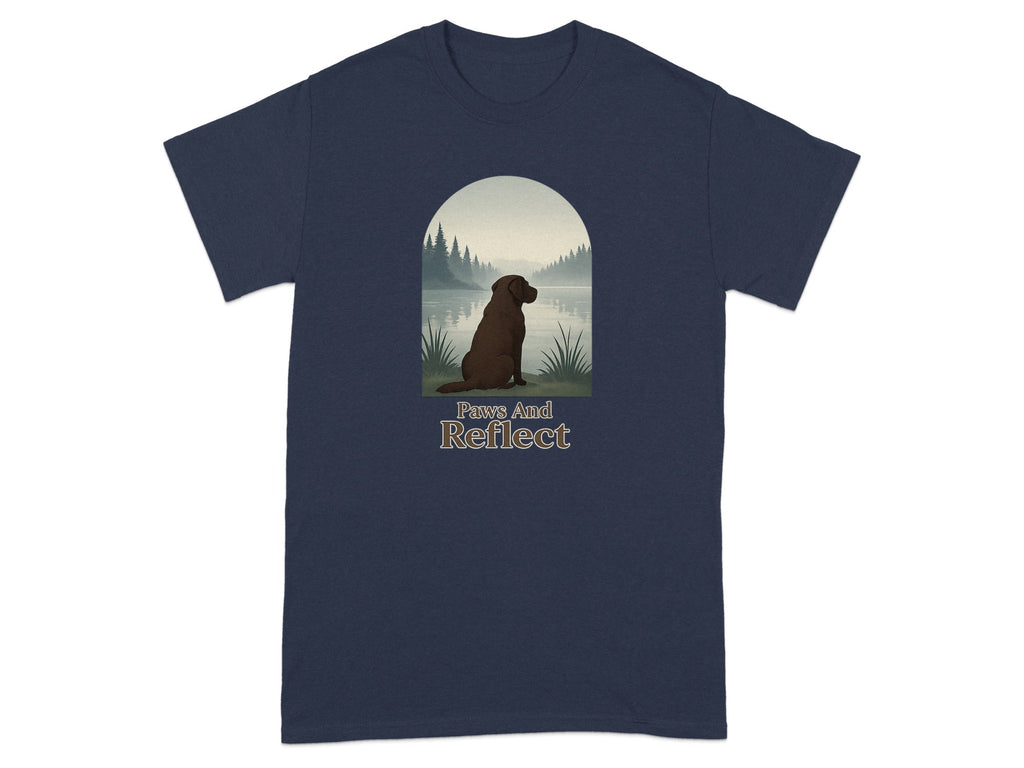 Chocolate lab sits by a lake with "Paws And Reflect" text.