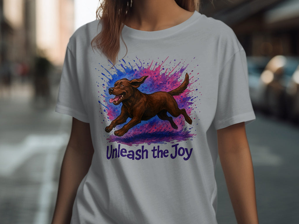 Brown dog running with colorful paint splatters and text "Unleash the Joy".