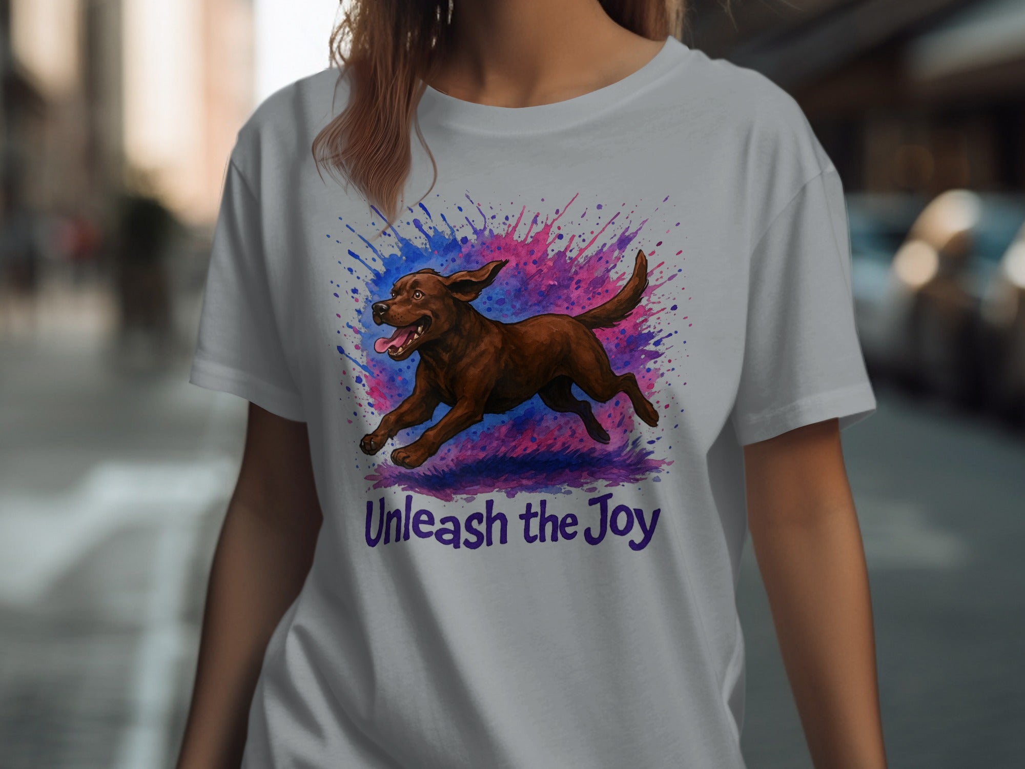 Brown dog running with colorful paint splatters and text "Unleash the Joy".