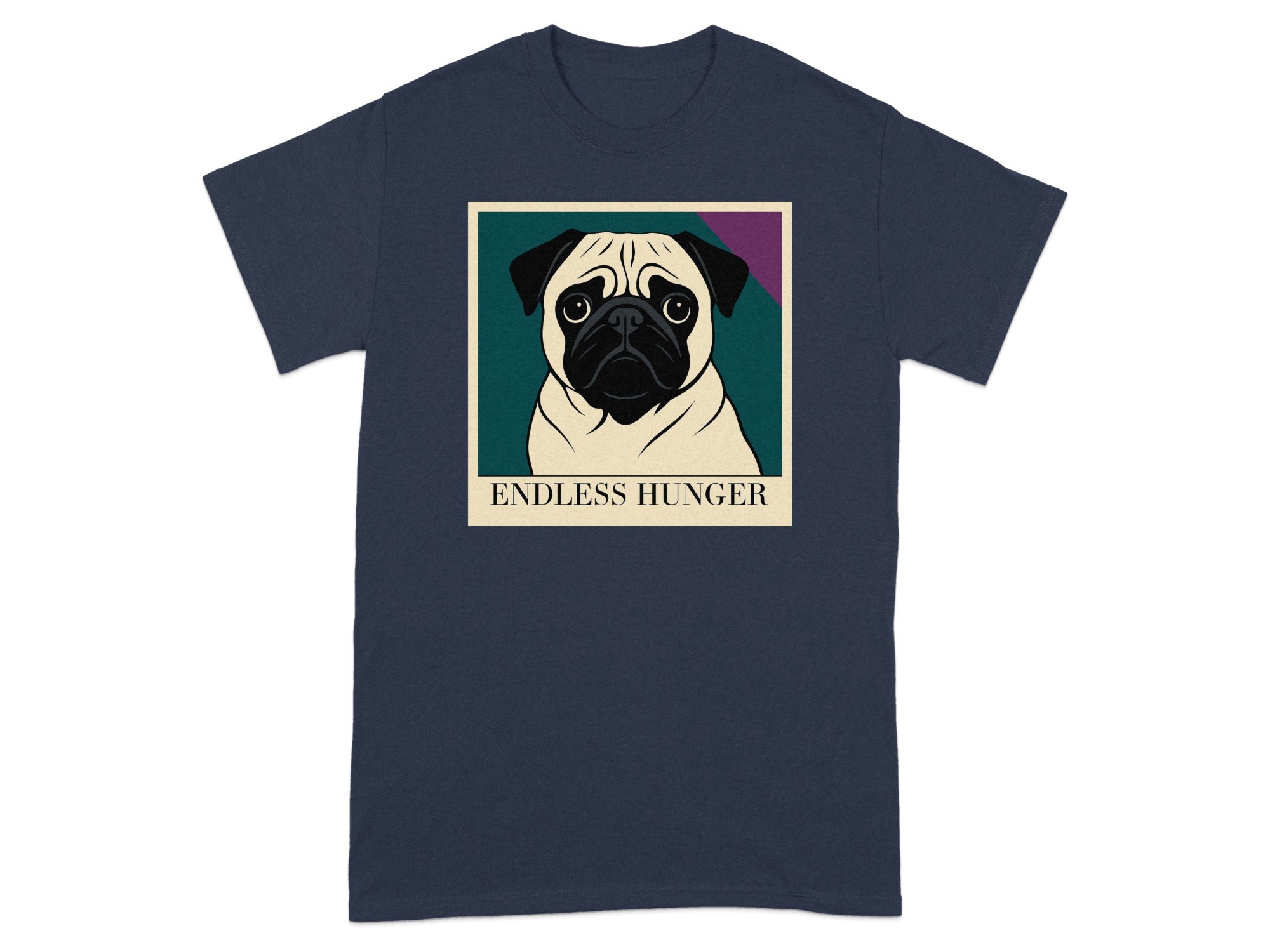 Navy t-shirt with a graphic of a close-up pug and text "ENDLESS HUNGER".