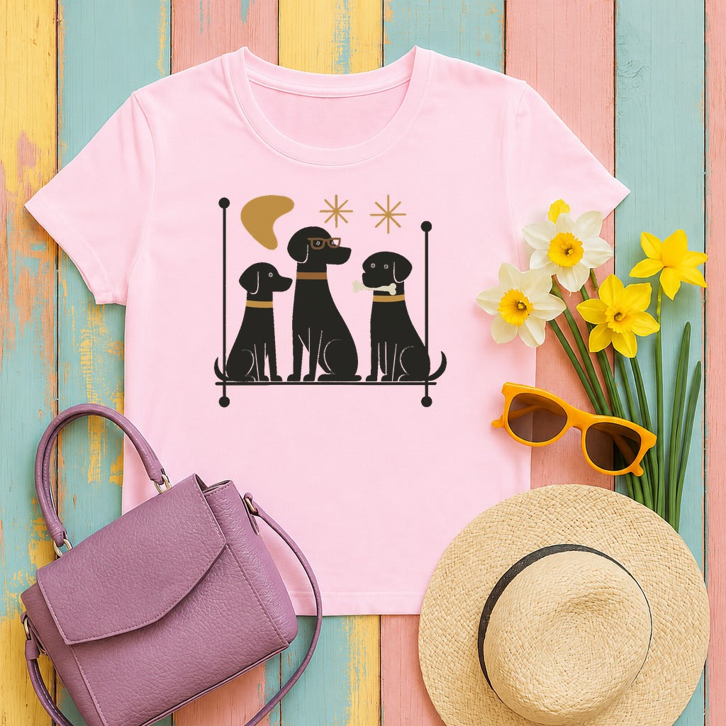 Mid-Century Black Labrador Retriever T-Shirt in Light Pink