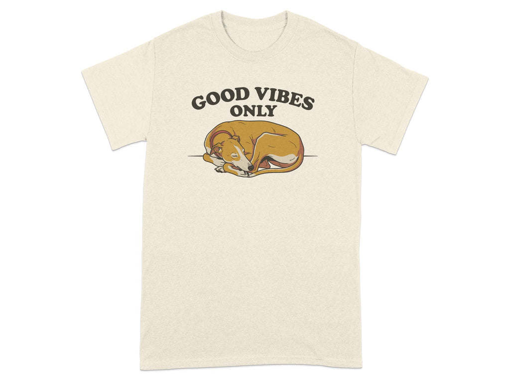 Cream t-shirt with a sleeping dog and "GOOD VIBES ONLY" text.