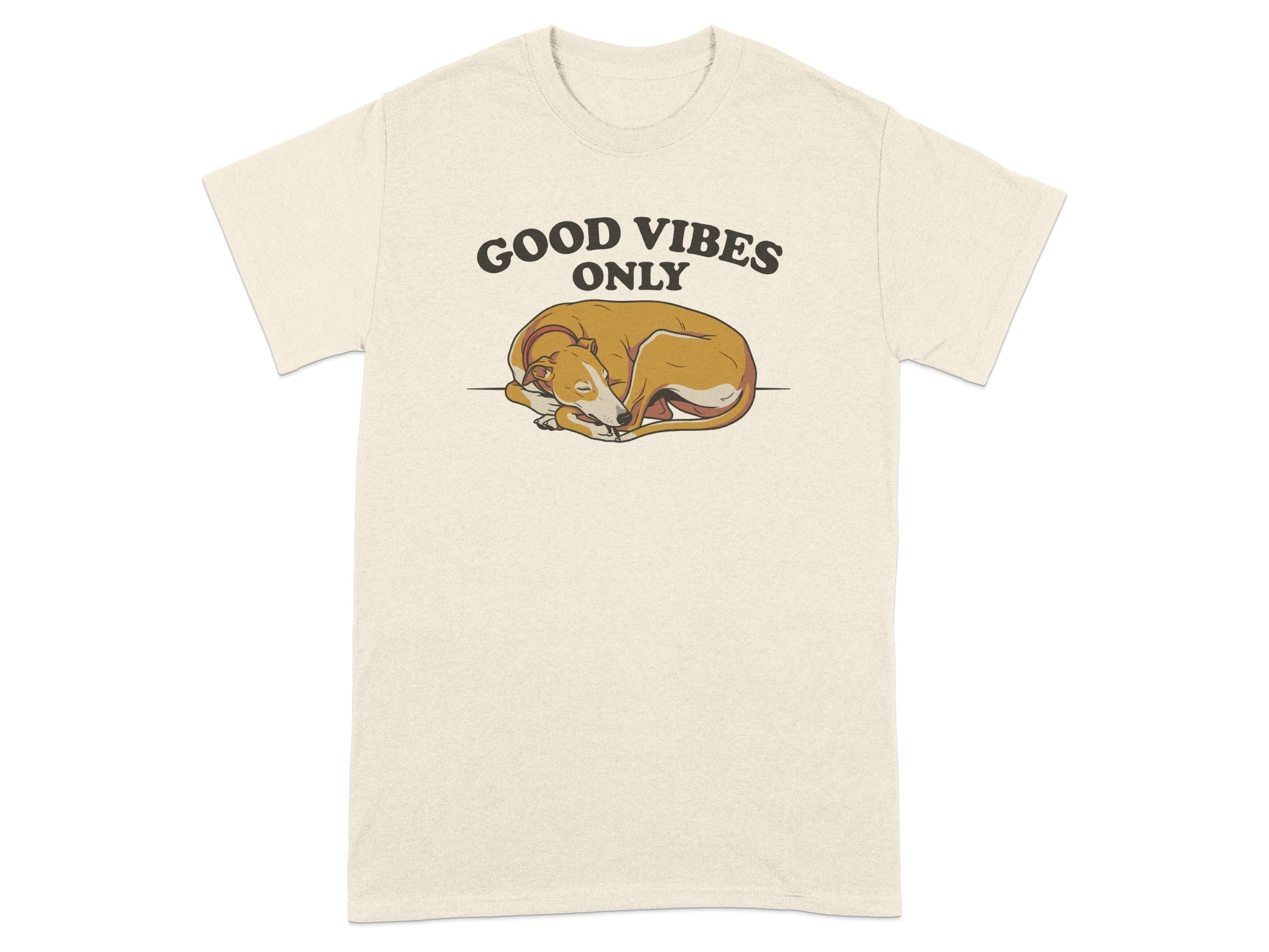 Cream t-shirt with a sleeping dog and "GOOD VIBES ONLY" text.