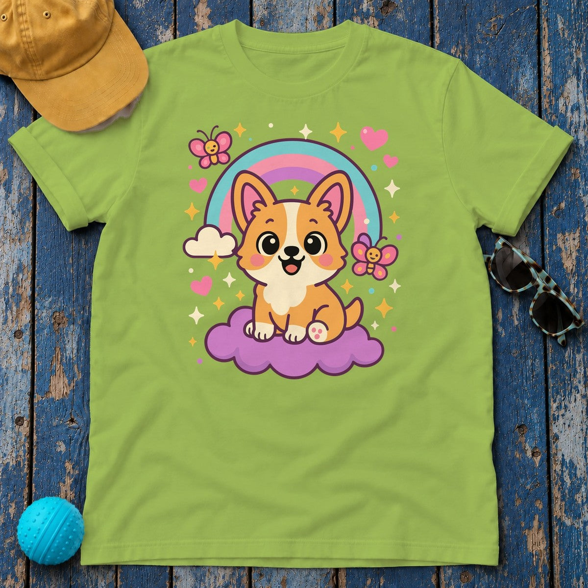 Corgi Dog on Cloud T-Shirt in Kiwi