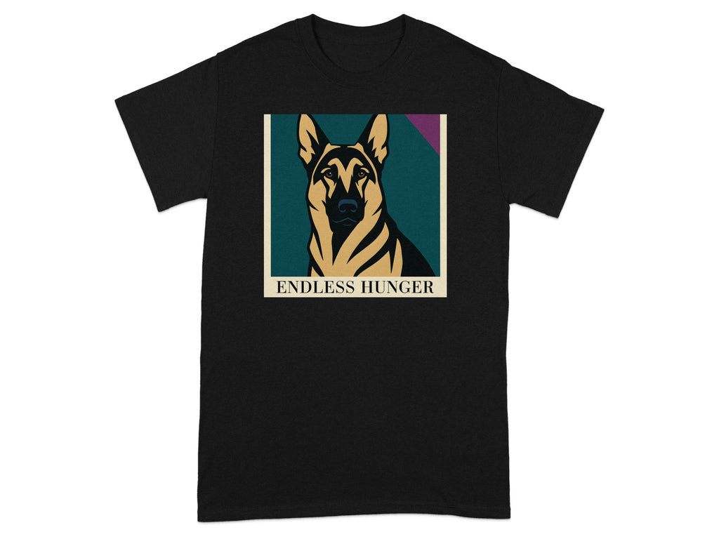 Black t-shirt with a stylized German Shepherd portrait and "ENDLESS HUNGER" text.