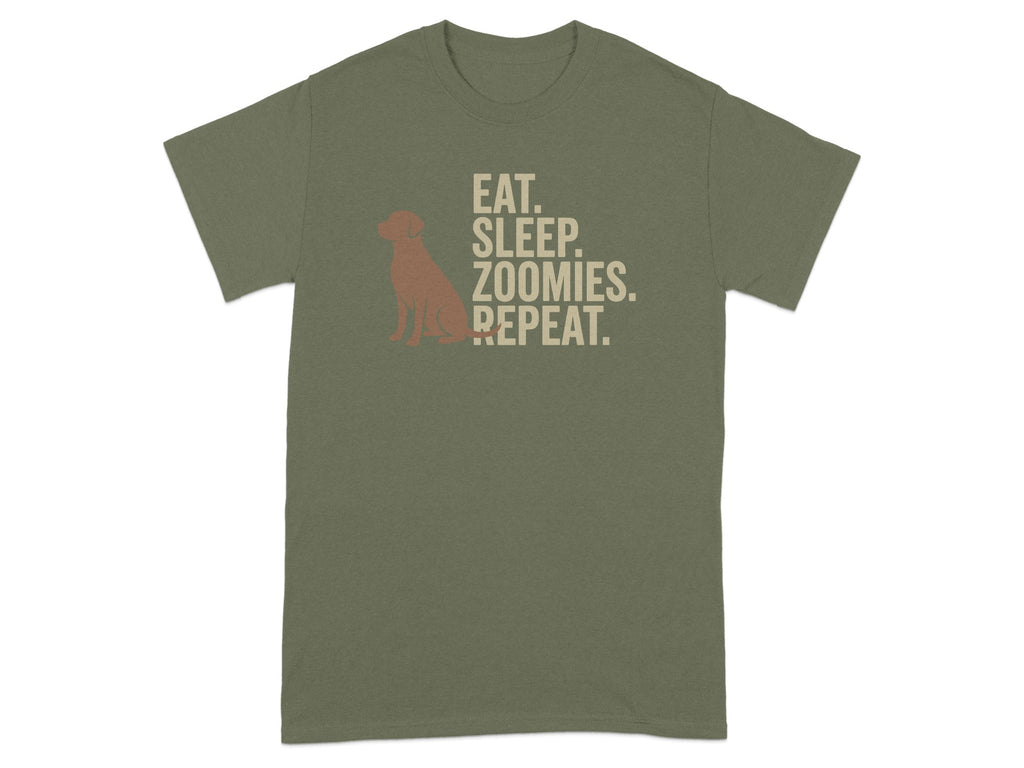 Olive t-shirt with brown dog silhouette and text: EAT. SLEEP. ZOOMIES. REPEAT.