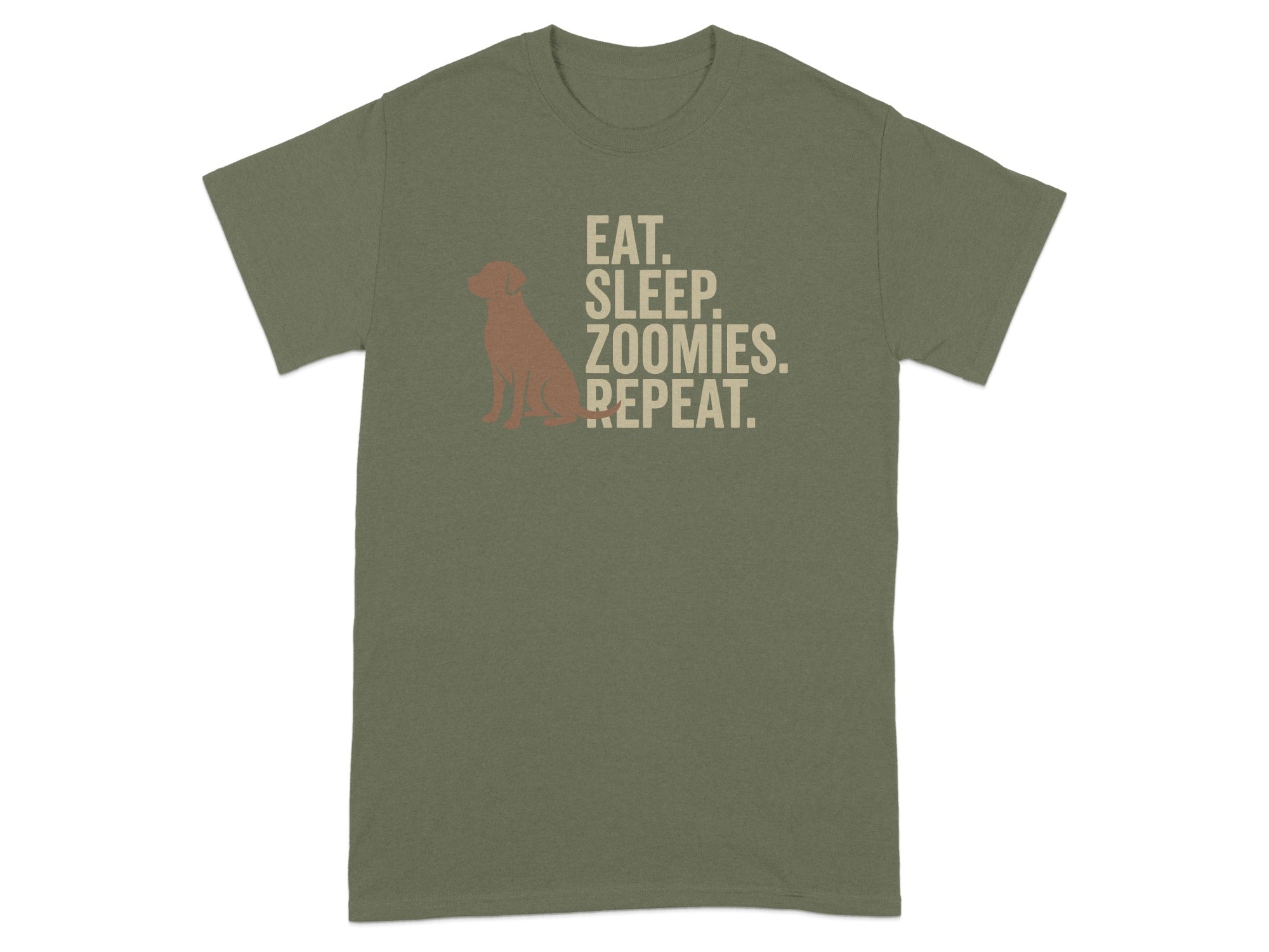 Olive t-shirt with brown dog silhouette and text: EAT. SLEEP. ZOOMIES. REPEAT.