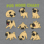 Gray t-shirt with "PUG MOOD CHART" text and nine illustrations of pugs in various poses.