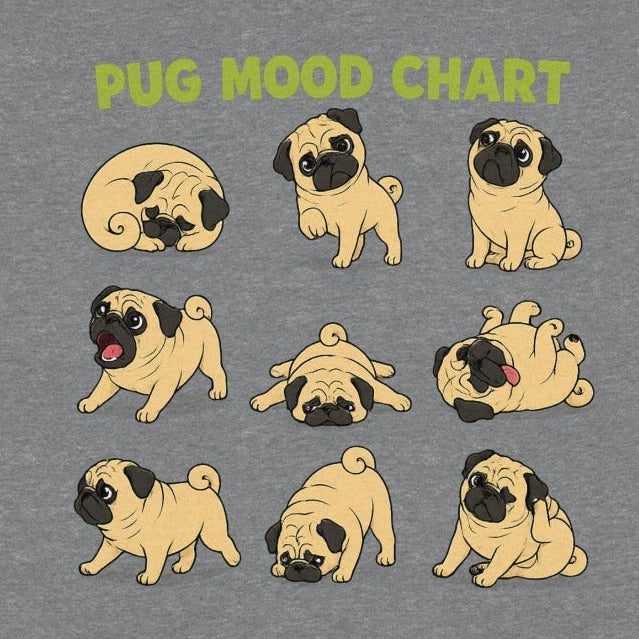 Gray t-shirt with "PUG MOOD CHART" text and nine illustrations of pugs in various poses.