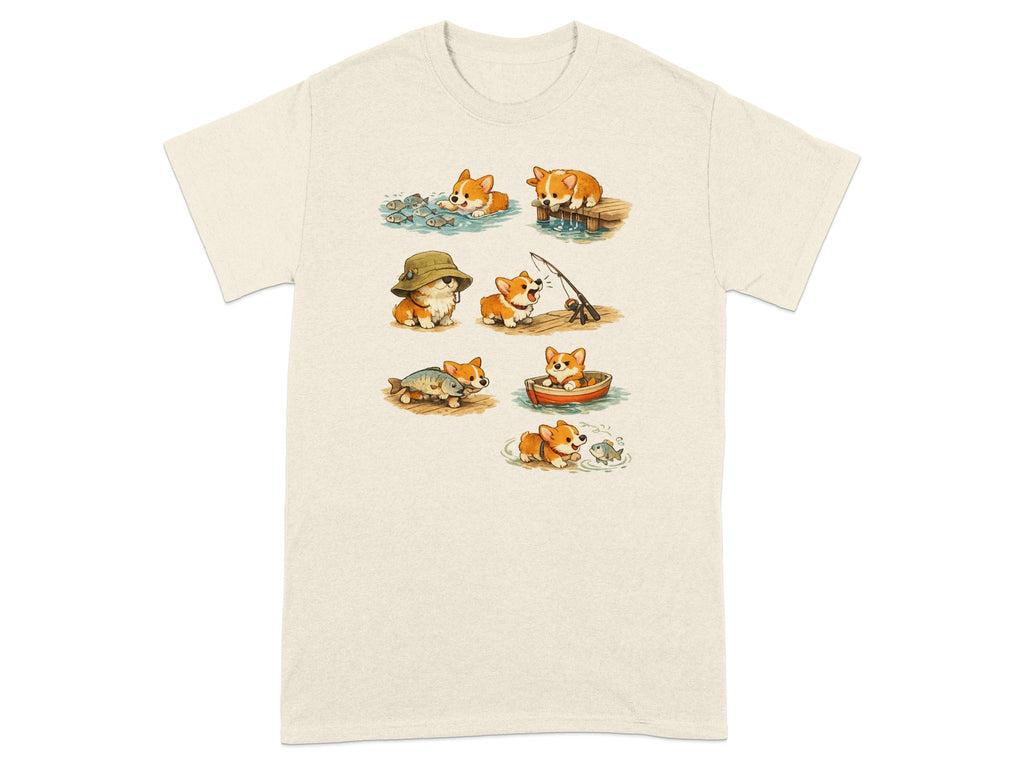 Six cute corgis are depicted in various fishing scenarios on a pale yellow t-shirt.
