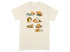 Six cute corgis are depicted in various fishing scenarios on a pale yellow t-shirt.