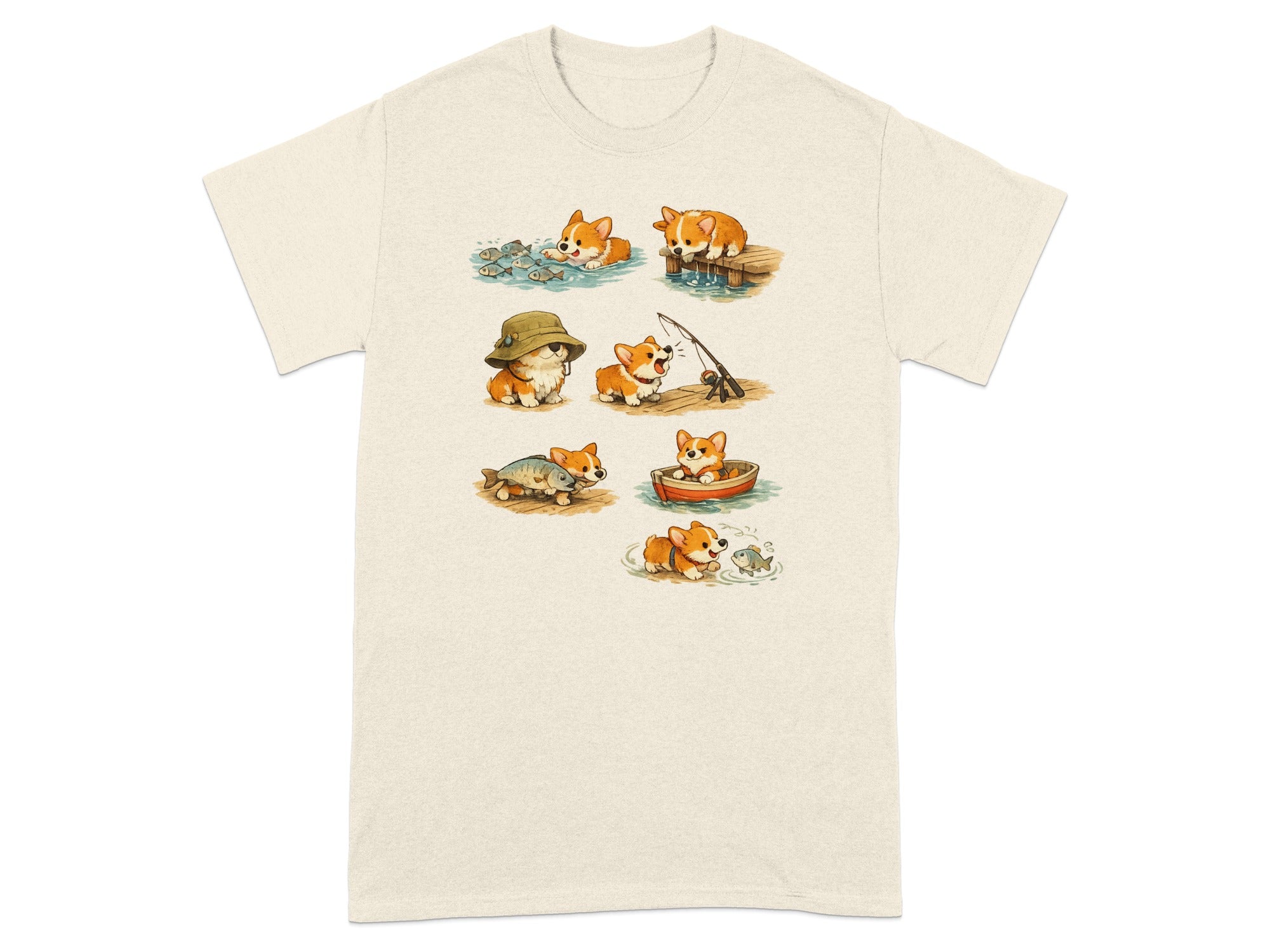 Six cute corgis are depicted in various fishing scenarios on a pale yellow t-shirt.