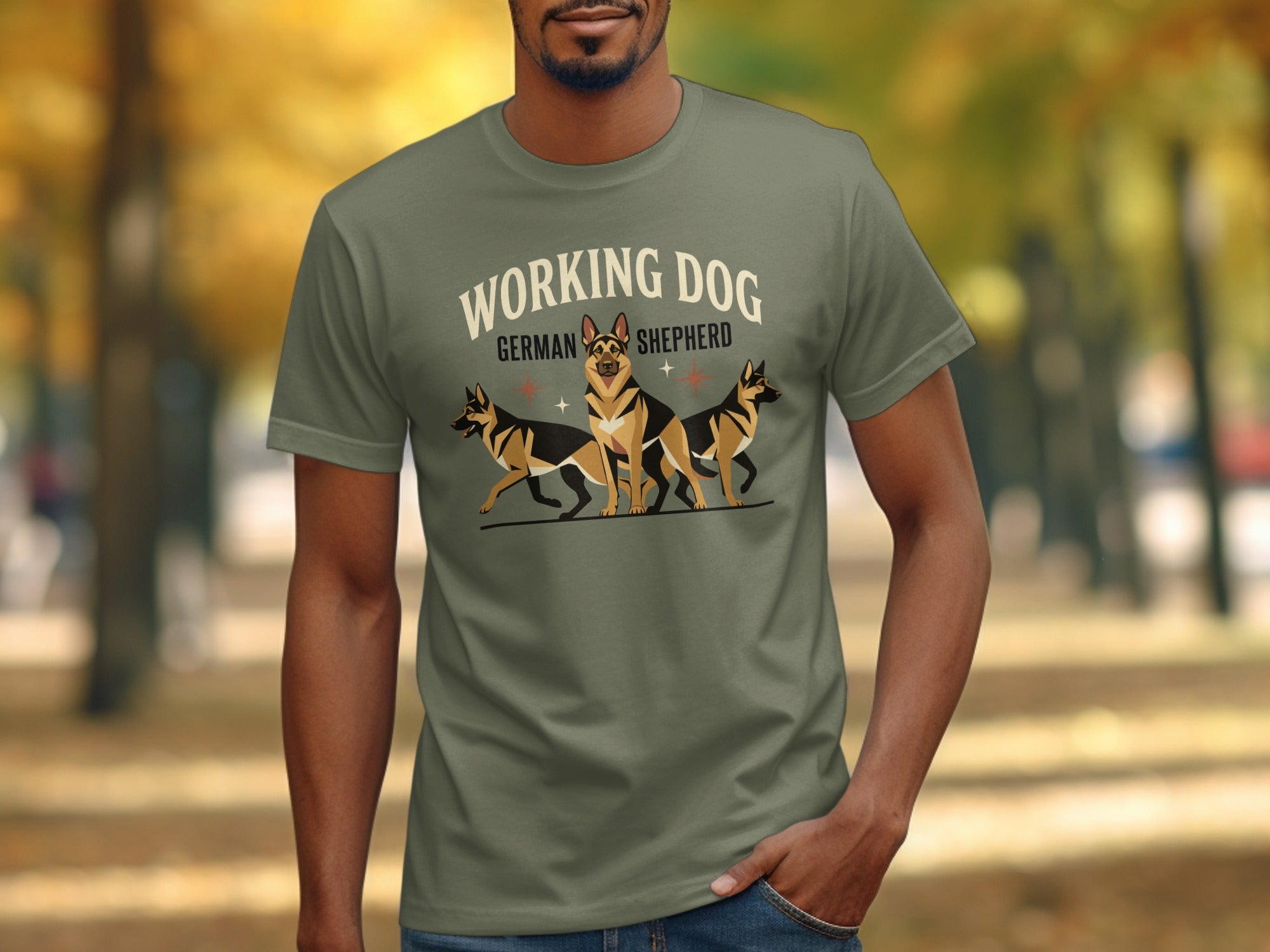 Three German Shepherd dogs in a line on a t-shirt.