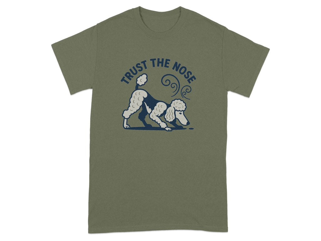 T-shirt with dark blue poodle graphic and text "Trust the nose".