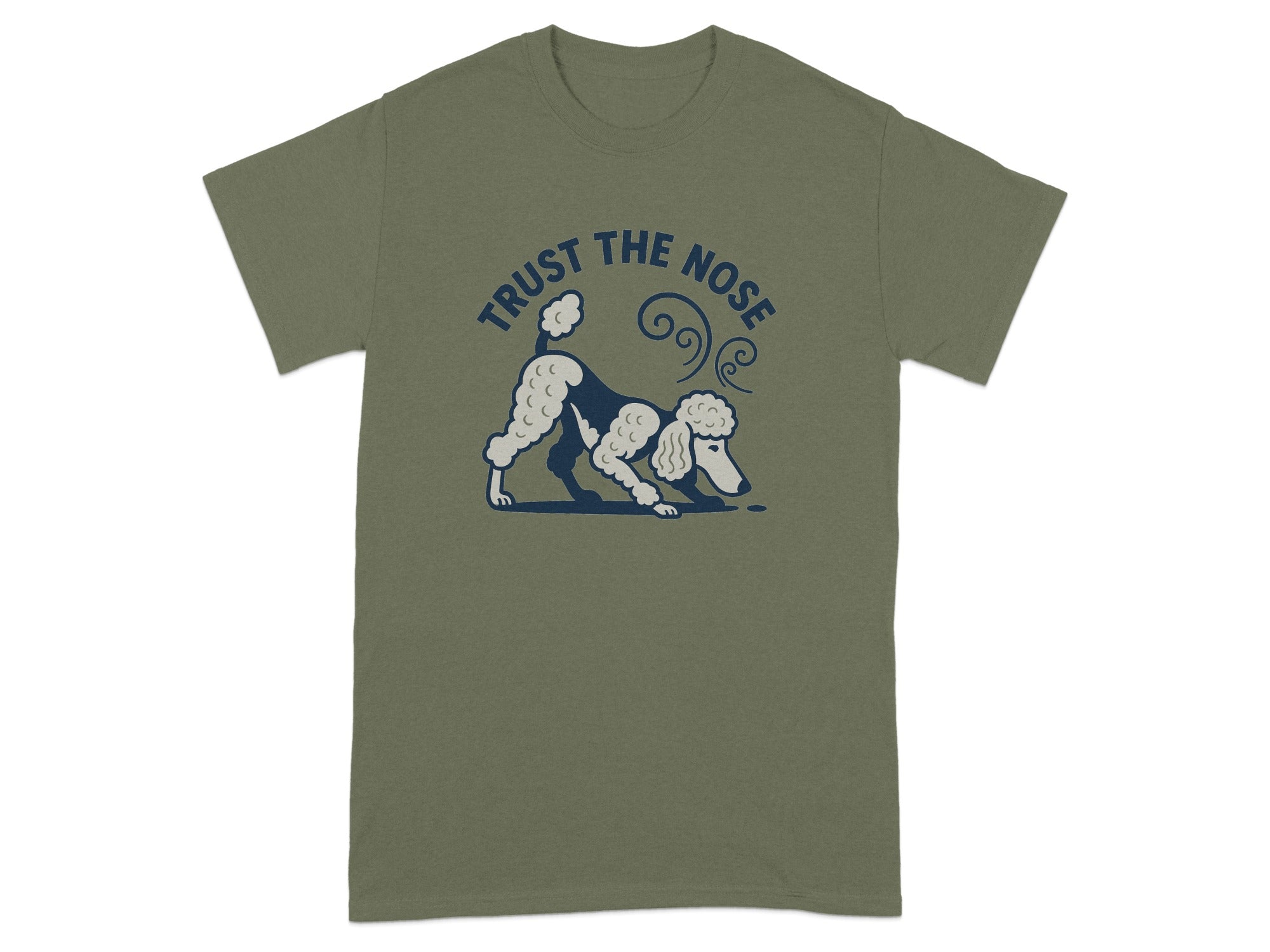 T-shirt with dark blue poodle graphic and text "Trust the nose".