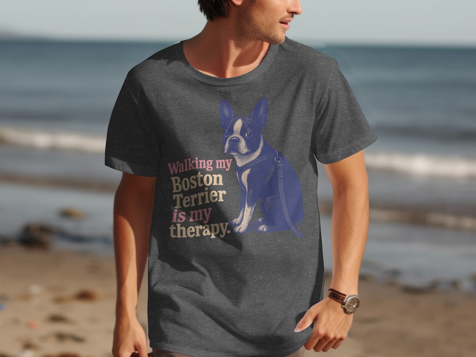 Dark grey t-shirt with Boston Terrier graphic and text "Walking my Boston Terrier is my therapy."