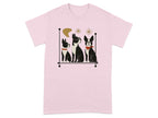 Three Boston terriers with a retro design on a pink t-shirt.