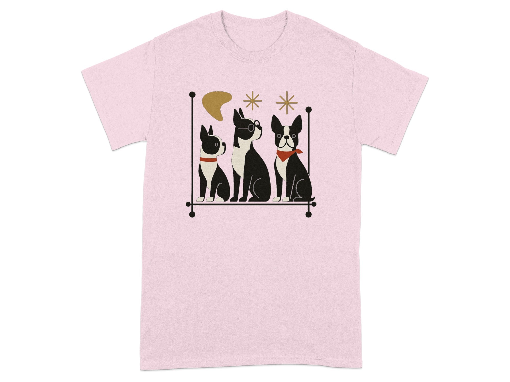 Three Boston terriers with a retro design on a pink t-shirt.