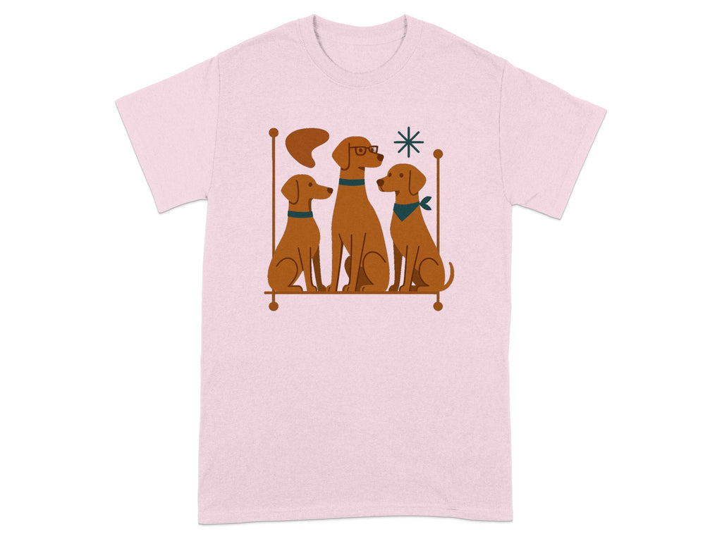 Three brown dogs sit together on a shelf graphic on a pink shirt.