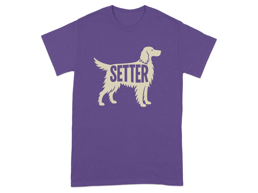 Purple t-shirt with a beige silhouette of a Setter dog and the word "SETTER".