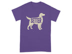 Purple t-shirt with a beige silhouette of a Setter dog and the word "SETTER".
