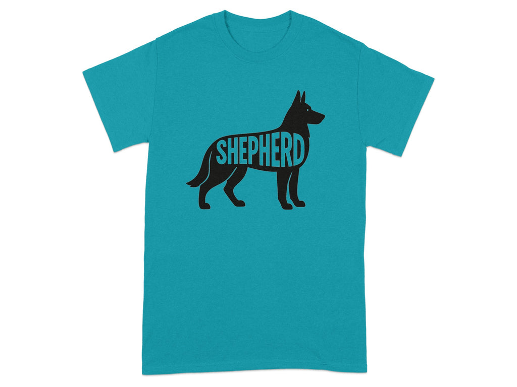 Black silhouette of a German Shepherd dog with "SHEPHERD" text on a teal t-shirt.