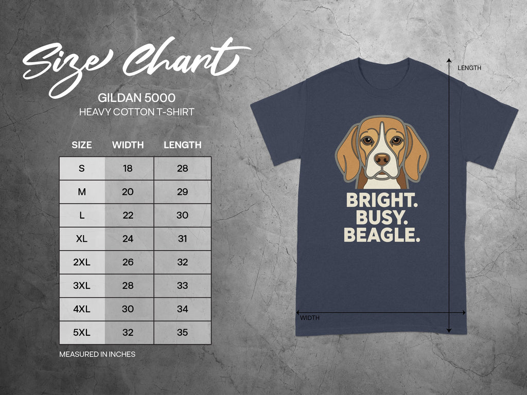 Gildan 5000 t-shirt size chart with beagle graphic.