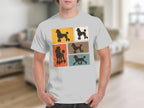 T-shirt with distressed graphic of black poodles in square panels.