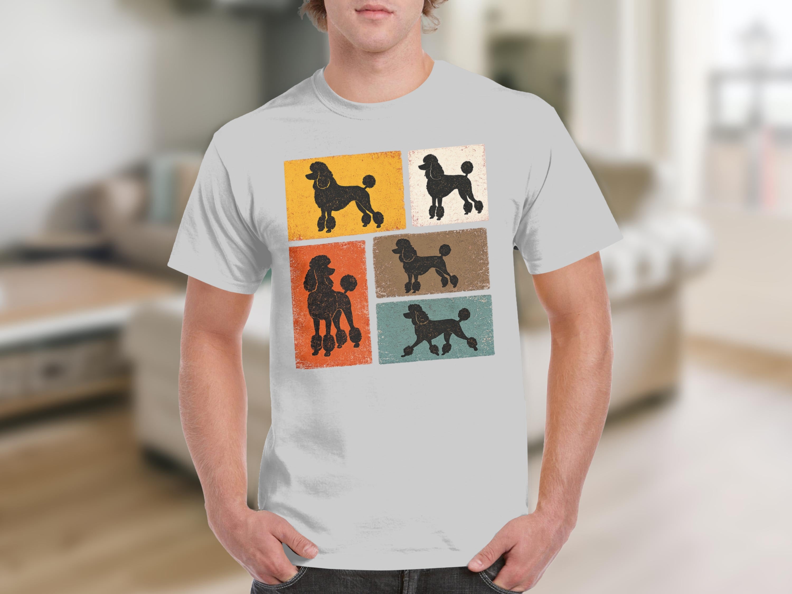 T-shirt with distressed graphic of black poodles in square panels.