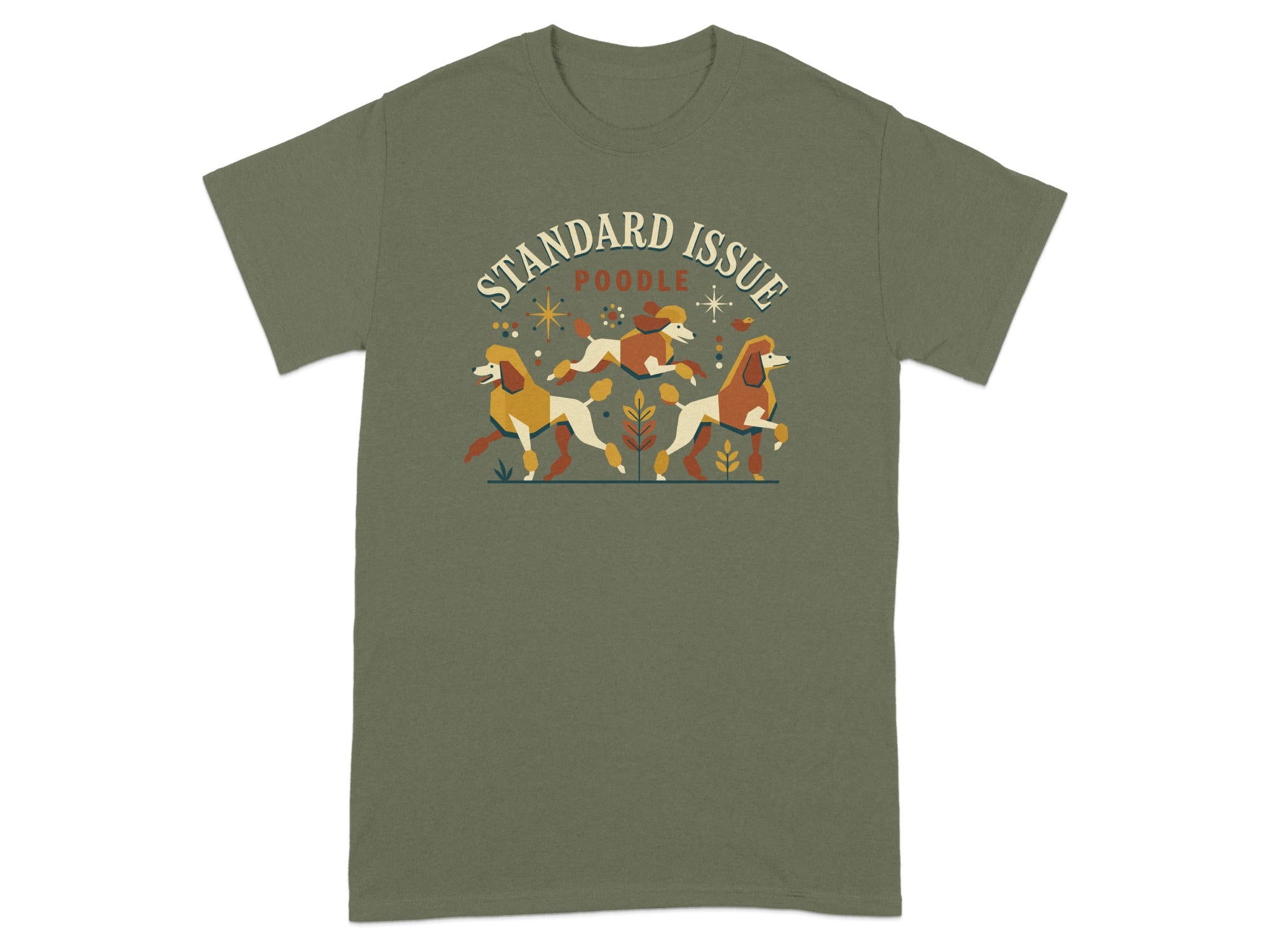 T-shirt with graphic of three running poodles and "Standard Issue Poodle" text.