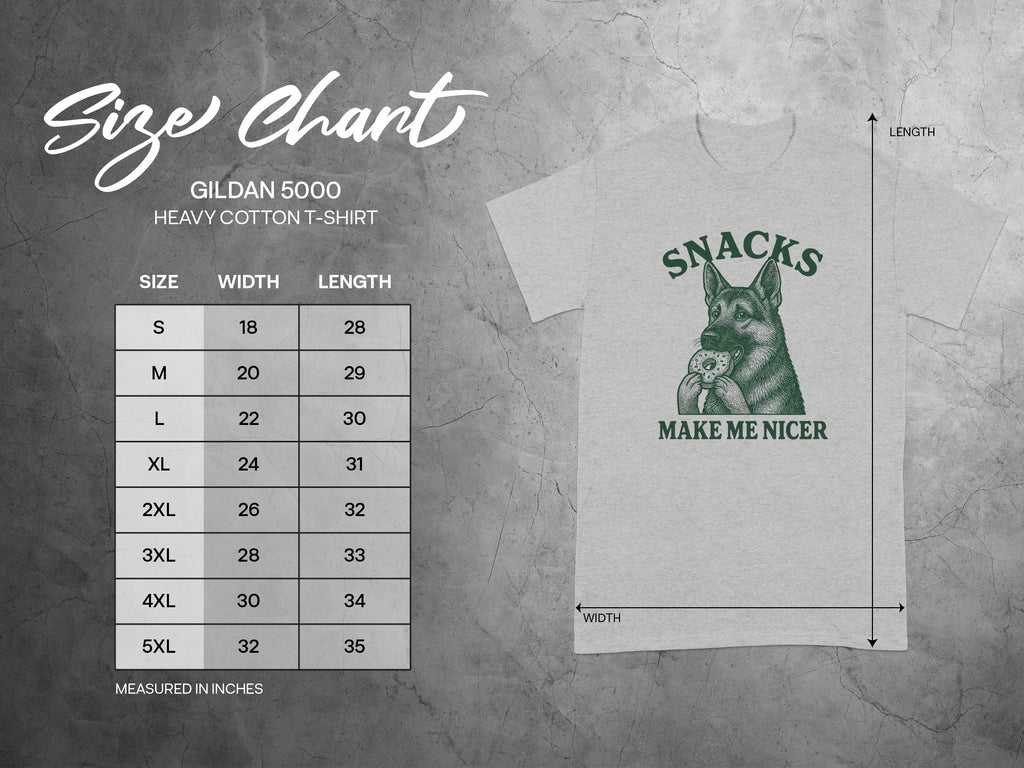 Snacks Make Me Nicer T-shirt with Size Chart