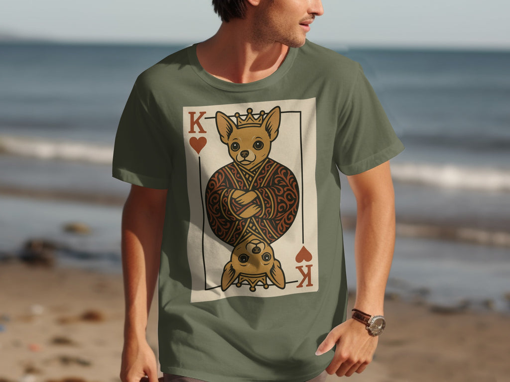 King of Hearts dog playing card graphic on olive green t-shirt.