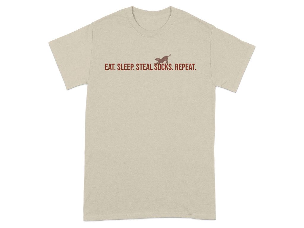 T-shirt with "EAT. SLEEP. STEAL SOCKS. REPEAT." and a dog graphic.