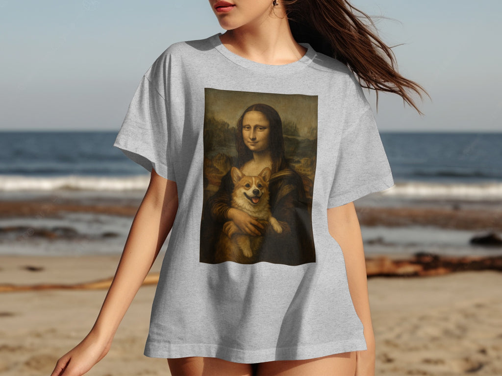 Unique Mona Lisa with Dog Print T-Shirt