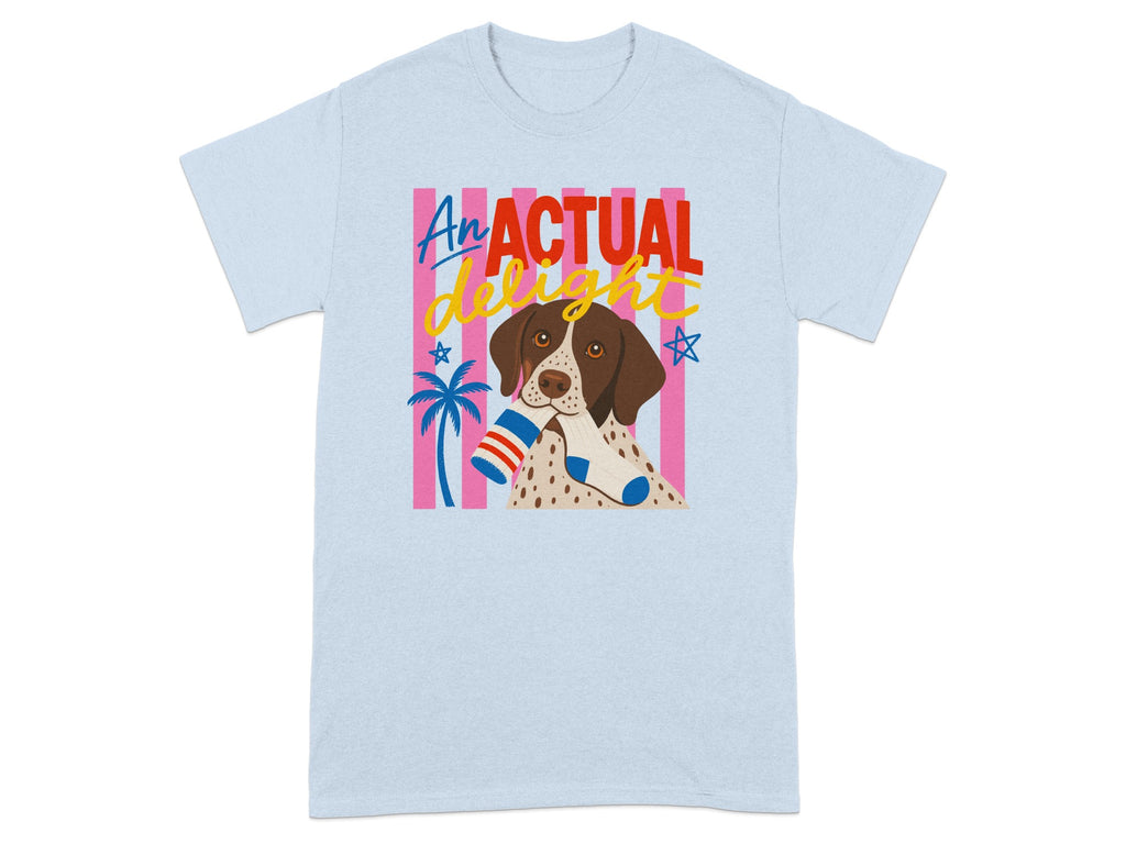Light blue t-shirt with a dog holding striped socks and "An ACTUAL delight" text.