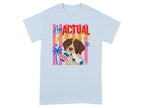 Light blue t-shirt with a dog holding striped socks and "An ACTUAL delight" text.