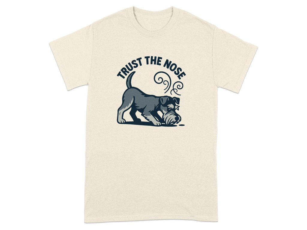 Cream t-shirt with a grey dog sniffing the ground and blue text 'TRUST THE NOSE'.
