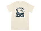 Cream t-shirt with a grey dog sniffing the ground and blue text 'TRUST THE NOSE'.