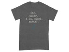 Dark gray t-shirt with "Eat. Sleep. Steal Socks. Repeat." text and a dog silhouette.
