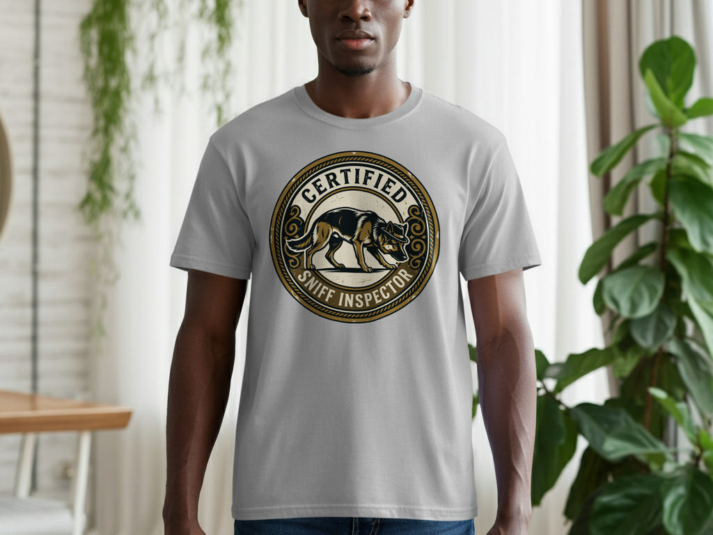 Certified Sniff Inspector dog badge on grey t-shirt.