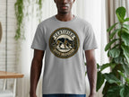 Certified Sniff Inspector dog badge on grey t-shirt.