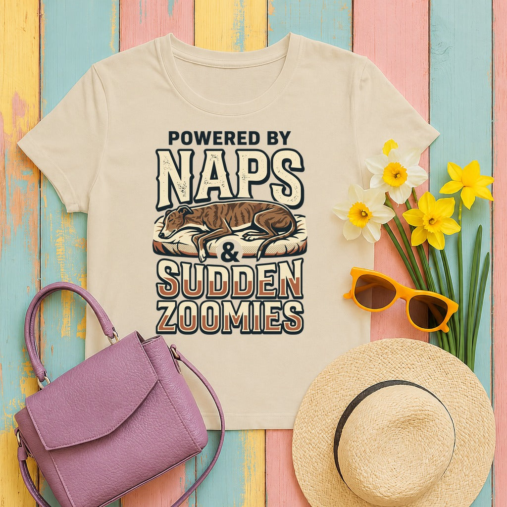 Powered By Naps & Zoomies Greyhound T-Shirt in Sand