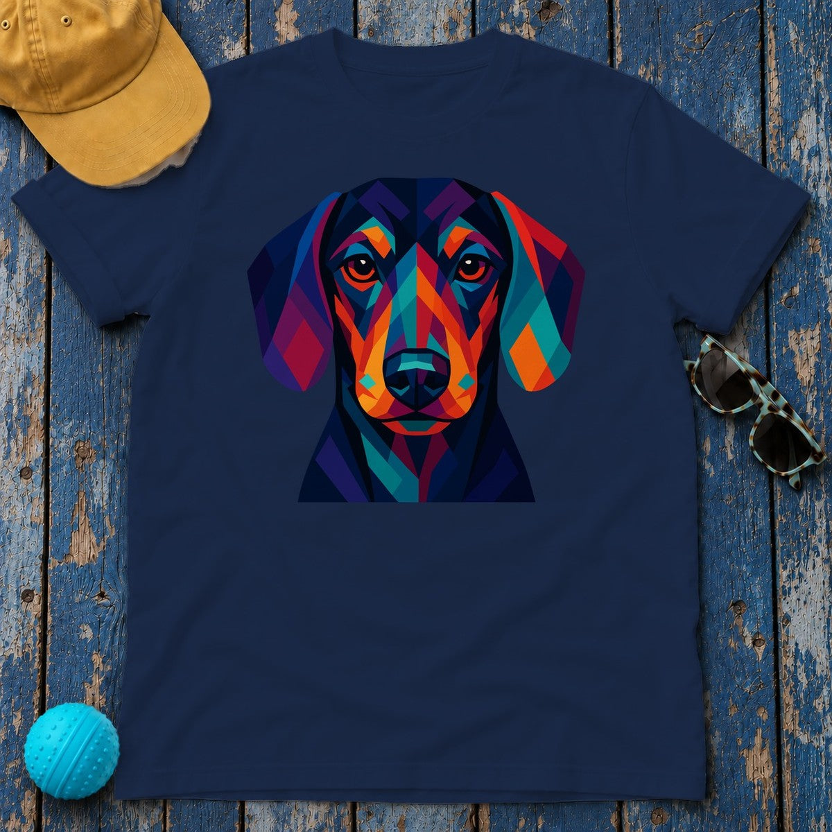 Colorful Geometric Dachshund Graphic Art Design T-Shirt in Navy