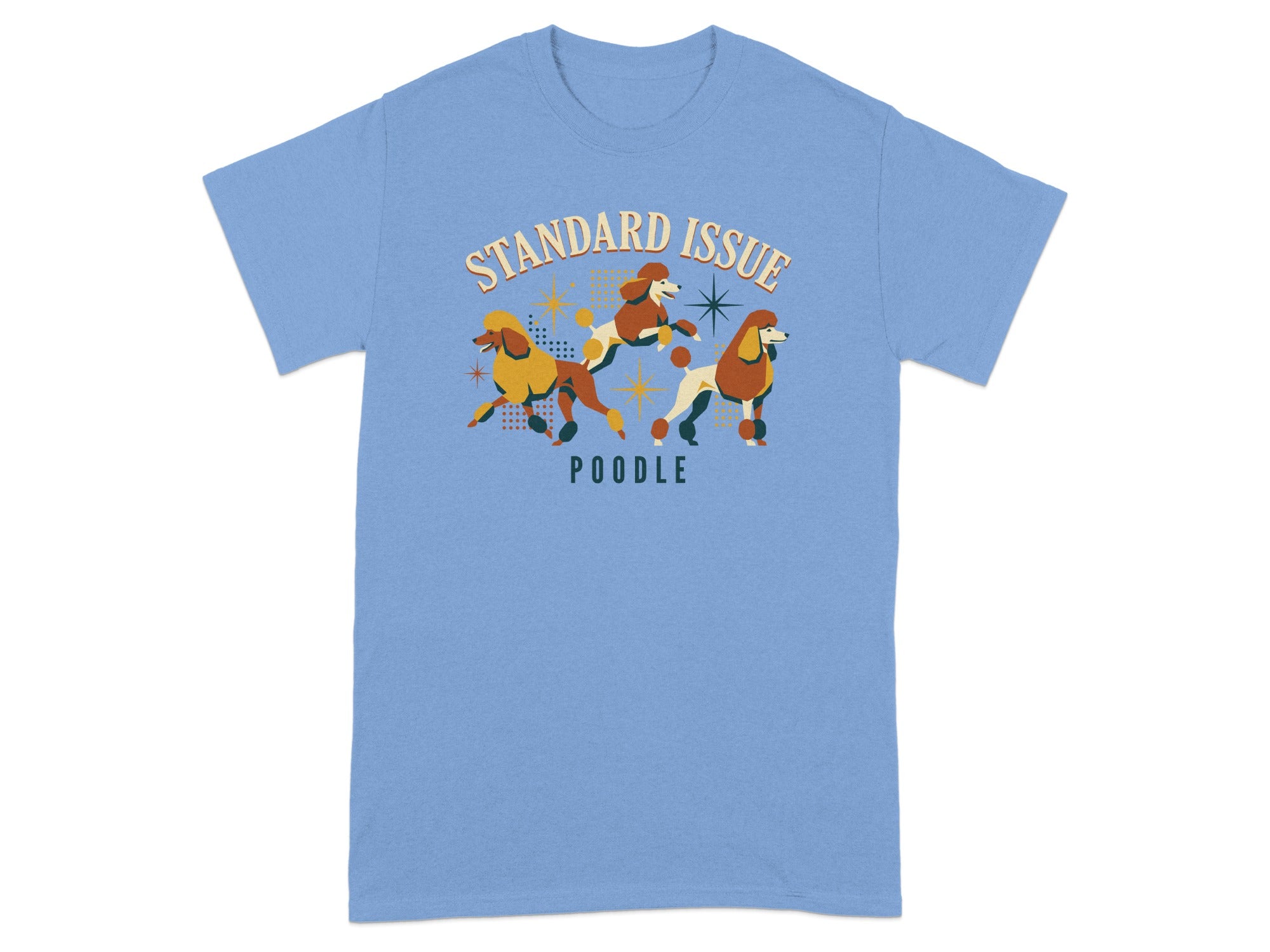 Blue t-shirt with three stylized poodles and "STANDARD ISSUE POODLE" text.