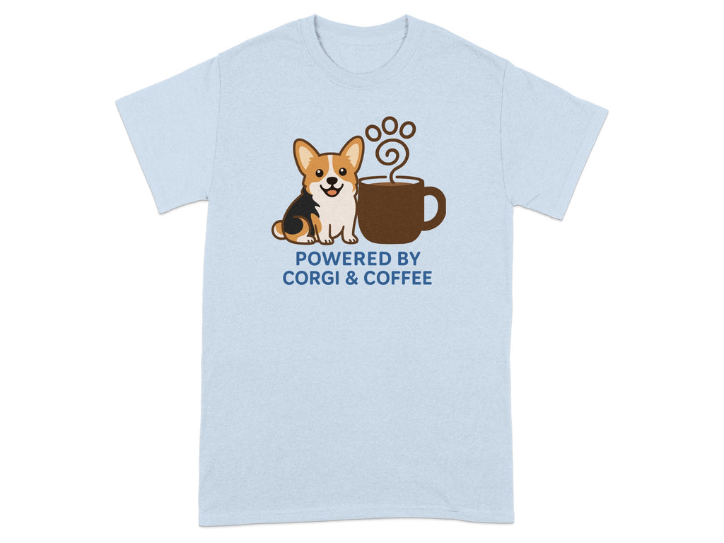 Light blue t-shirt with a corgi and coffee cup graphic, text says "Powered by Corgi & Coffee".